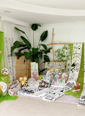 极速绿色纱幔幼儿园环创水墨古风教室古风场景布置背景Z墙装饰新