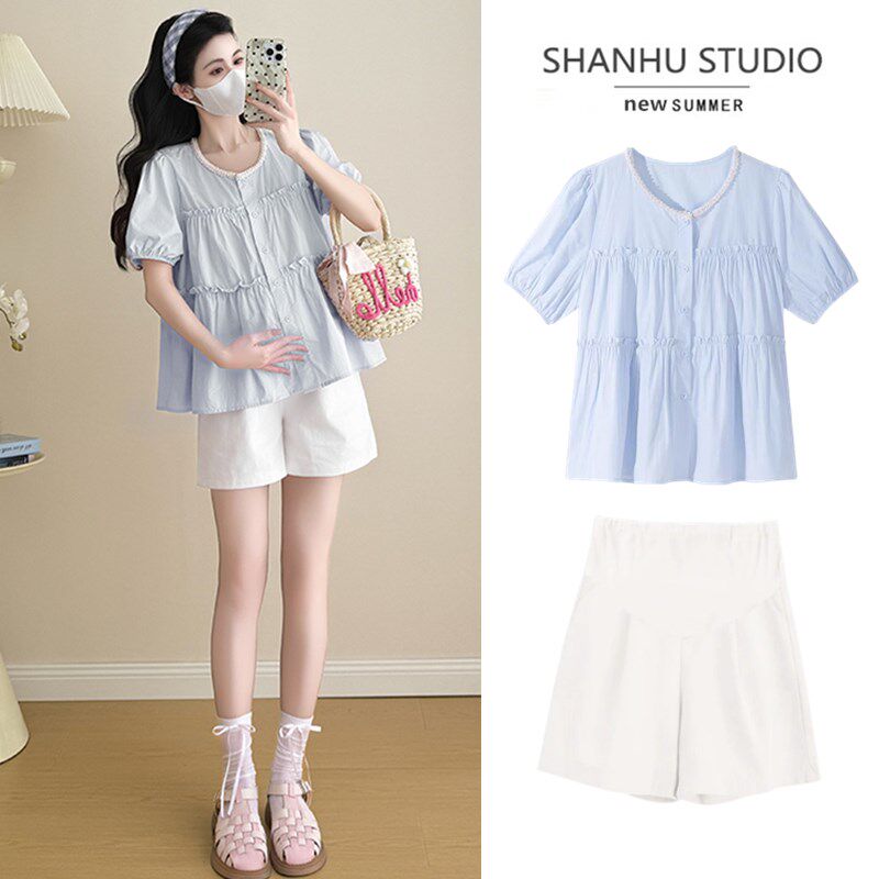 新品孕妇装夏装短袖上衣2025新款时尚洋气时髦遮孕W肚衬衫宽松外
