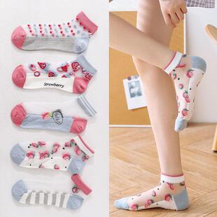 极速5双10双袜子女可爱日系透明水晶F丝袜夏薄棉底短袜春秋ins潮