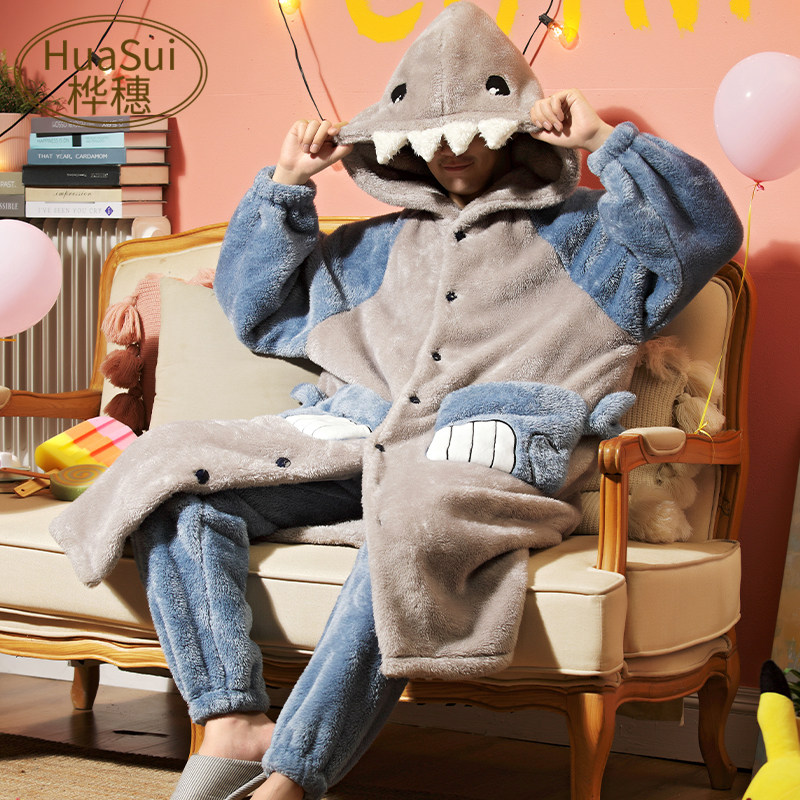 新品睡衣男秋冬季珊瑚绒加厚加绒冬天G青少年睡袍男士法兰绒浴袍