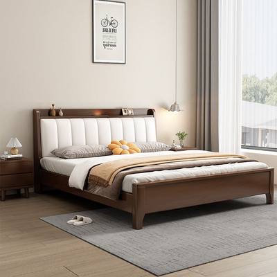 原木风全实木床双人床现代简约1.8米储物软靠包北欧主卧大床实木