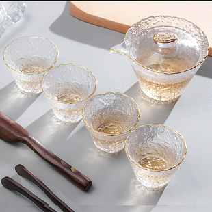 冰露金边茶具套装 日式 家用玻璃透明盖碗功夫茶杯子泡茶小套办公室