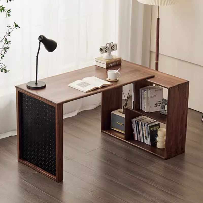 北美黑胡桃木转角书桌简约桌子家用带书架实木办公桌伸缩电脑桌