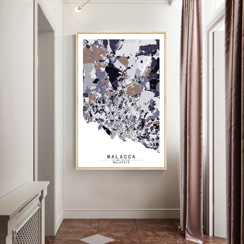 马来西亚马六甲艺术抽象城市彩色地图I装饰画现代餐厅办公室挂画图片