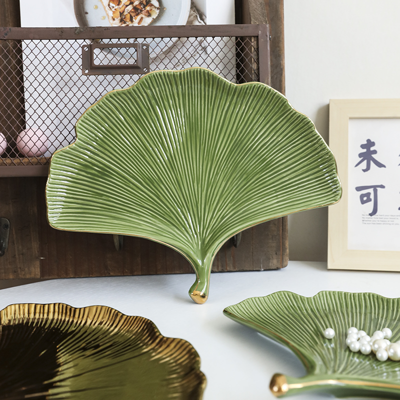 创意陶瓷银杏f叶盘玄关收纳盘子金边首饰碟餐盘水果点心盘展示摆