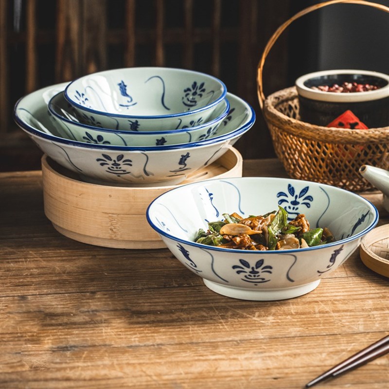 中式碗青花瓷饭碗复古斗笠碗蒸菜碗陶瓷盘子菜盘T家用菜碗漂亮餐
