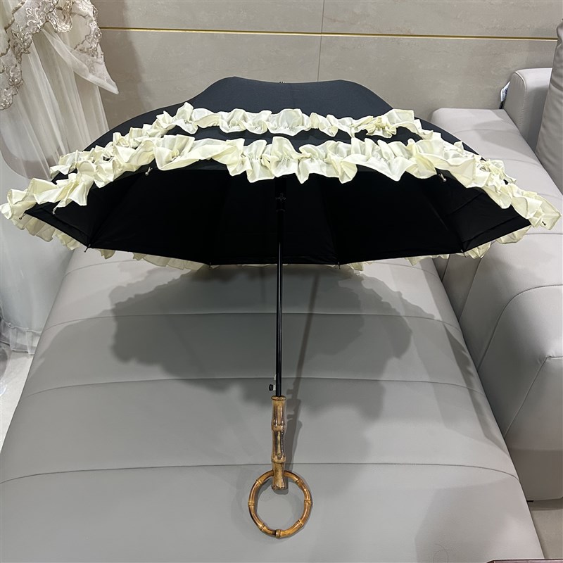 美貌的LOLITA洋伞荷叶花边手动长柄伞黑胶遮阳伞超强Y防晒竹节手