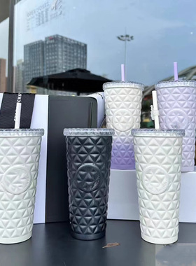 星星款591ml菱格纹304不锈钢吸管杯黑白月光礼物款随手保温保冷杯