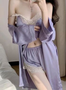 2023新款冰丝裙子吊短三件套装睡衣女性感蕾丝纯欲紫色黑色家居服