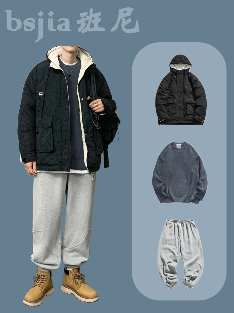 日系复古棉衣男生冬季加厚冲锋衣保暖休闲棉服外套男冬天穿搭套装