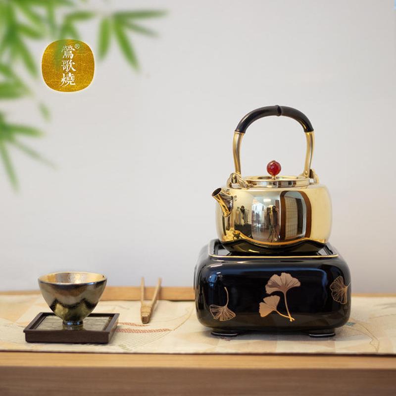 台湾莺歌烧电陶炉茶炉四方黑地银杏纹煮茶炉家用静音银壶烧水炉