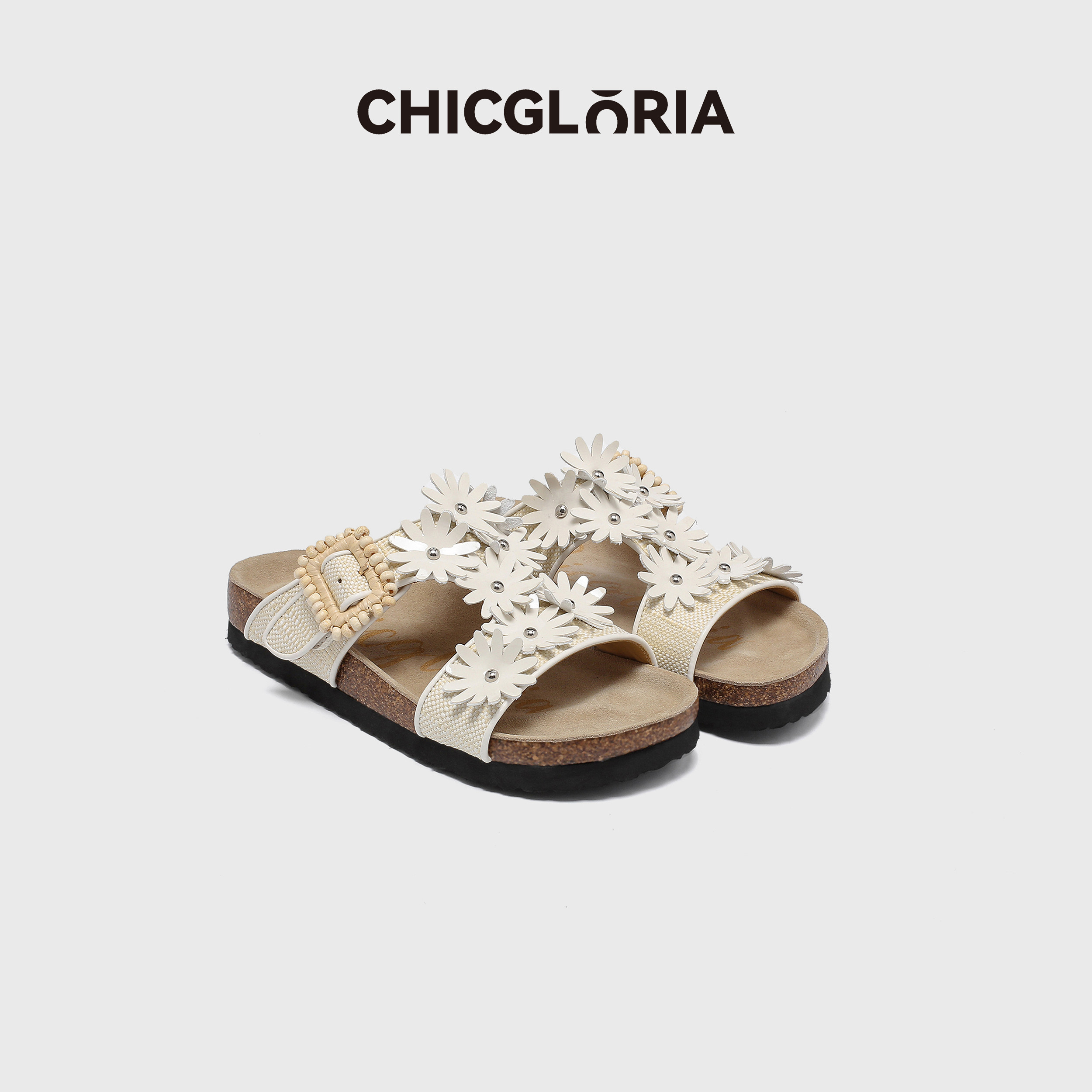 CHICGLORIA【明星同款】新款法式度假复古凉拖编织小花勃肯拖女鞋