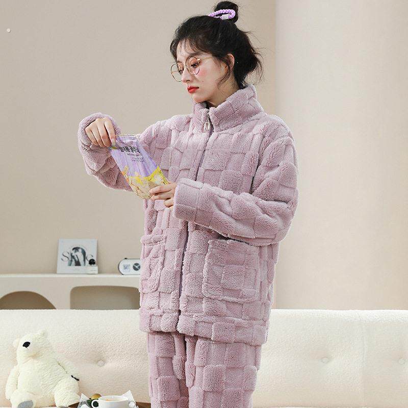 睡衣珊瑚绒女款2025新款冬季可外穿拉链加厚加绒家居服潮套装冬天