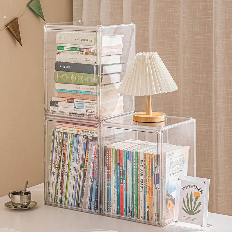 加厚大号透明书本收纳盒带盖磁吸亚克力防尘书籍整理箱防氧化书箱
