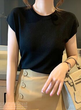 冰丝针织衫女薄款圆领夏季新款气质简约百搭纯色无袖上衣背心