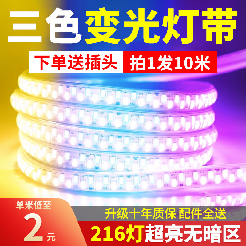 TRIAC三色变光家用灯带led灯条超亮220V户外防水变色软灯带条客厅