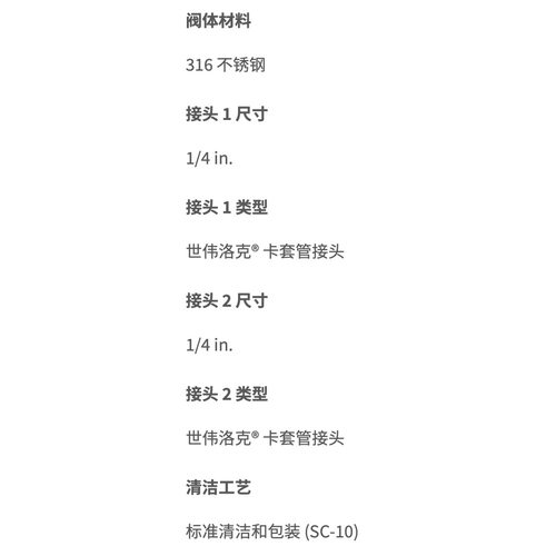 世伟洛克SS-CHS4-KZ-1/3不锈钢提升阀芯单向阀1/4in卡套1psig0.07