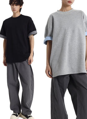 CJMJ条纹翻袖折叠 假两件短袖宽松圆领重磅棉双面男女夏