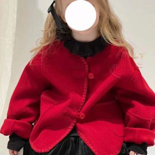 新中式童装女童时髦红色毛呢外套2023秋冬新款儿童年服洋气呢大衣