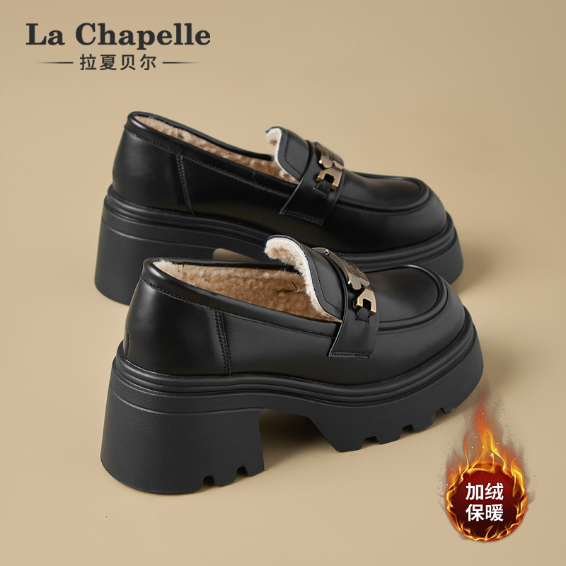 黑色加绒坡跟百搭乐福鞋