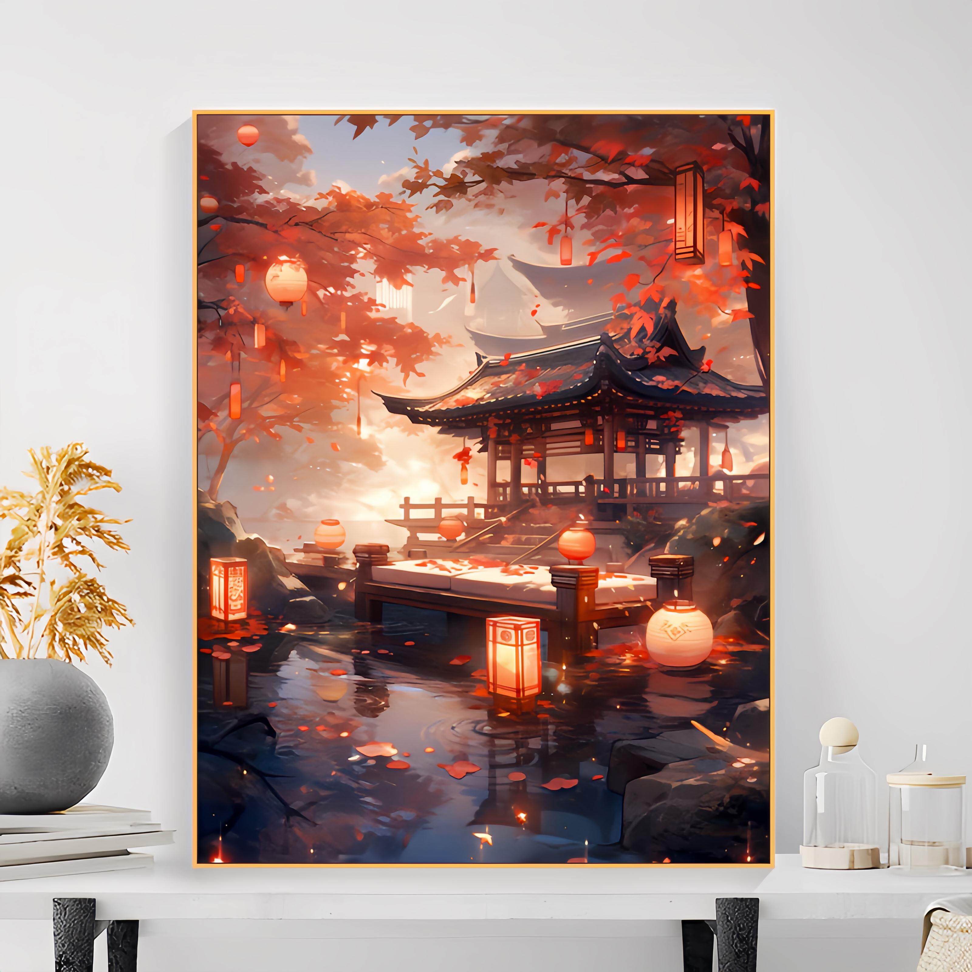 2024新款古风数字油画diy填色画红叶南亭手工填充填色中国风油画