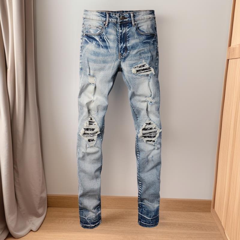 欧美潮牌破洞补丁男士牛仔裤男款美式裤子男复古弹力修身高街6666