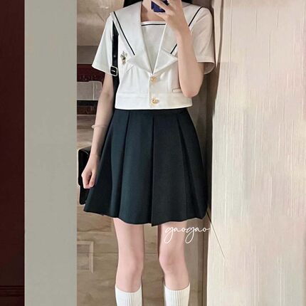 折枝无领西装水手服套装短袖校供原创校园风西装裙套装箱褶长短裙
