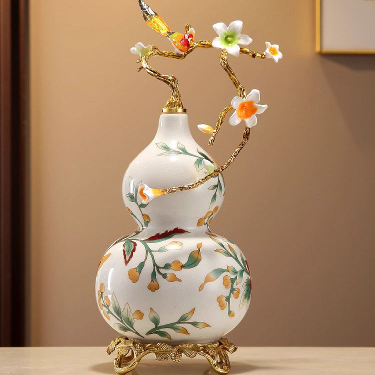 新中式高档珐琅金松葫芦摆件家居办公室玄关工艺品装饰品乔迁礼物