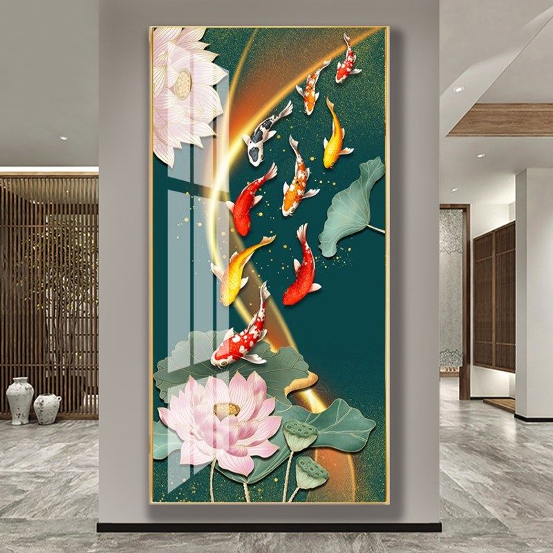 九鱼图玄关装饰画入户镇宅招财轻奢荷花高端过道晶瓷镶钻走廊竖版,家居饰品,现代装饰画,淘宝优惠券,粉丝福利购,淘宝优惠卷