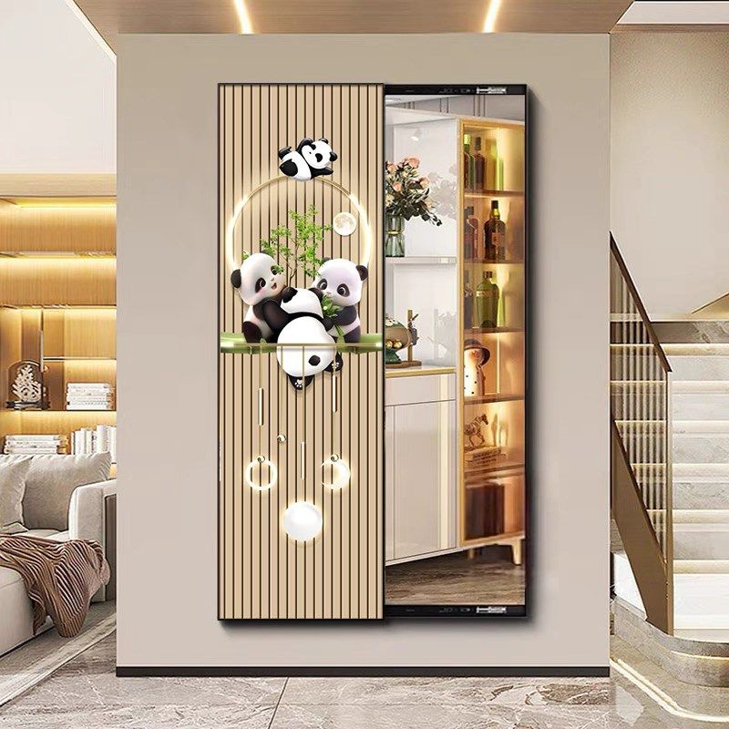 网红熊隐藏式全身镜壁画入户玄关镜穿衣镜子装饰画推拉隐形镜挂画