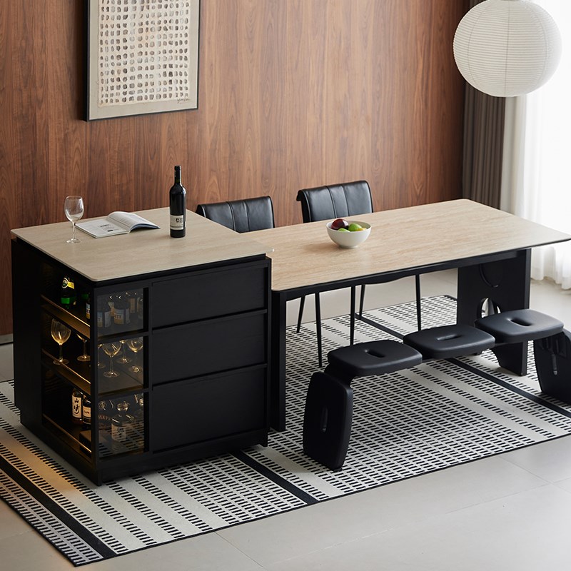 可移动岛台餐桌一体轻奢高端餐A厅家用小户型开放式洞石岩板中岛