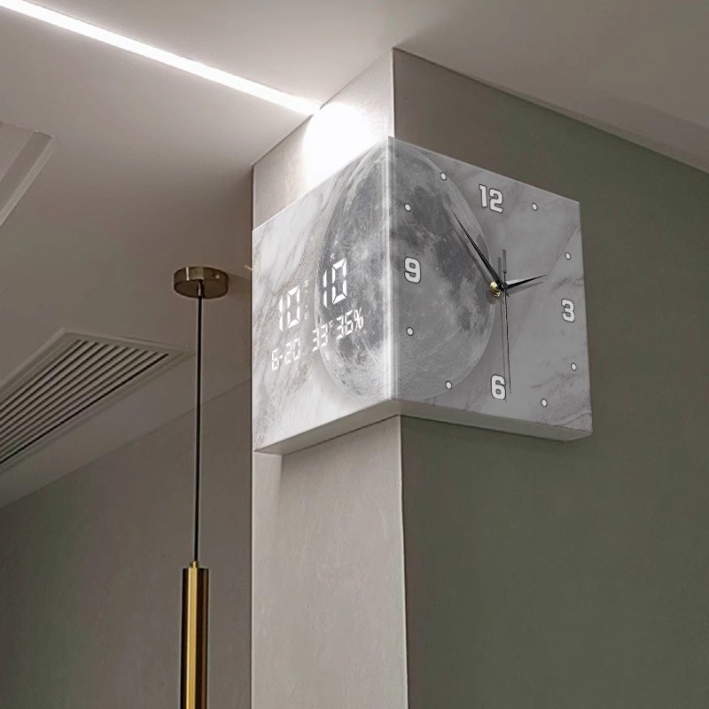 免打孔客厅转角时钟拐角数显电子钟表万年历双面挂钟Uled灯阳角钟