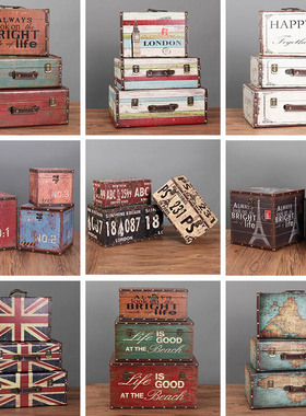 欧式复古手提木箱子皮革大号三件套收F纳箱储物箱摄影陈列道具摆