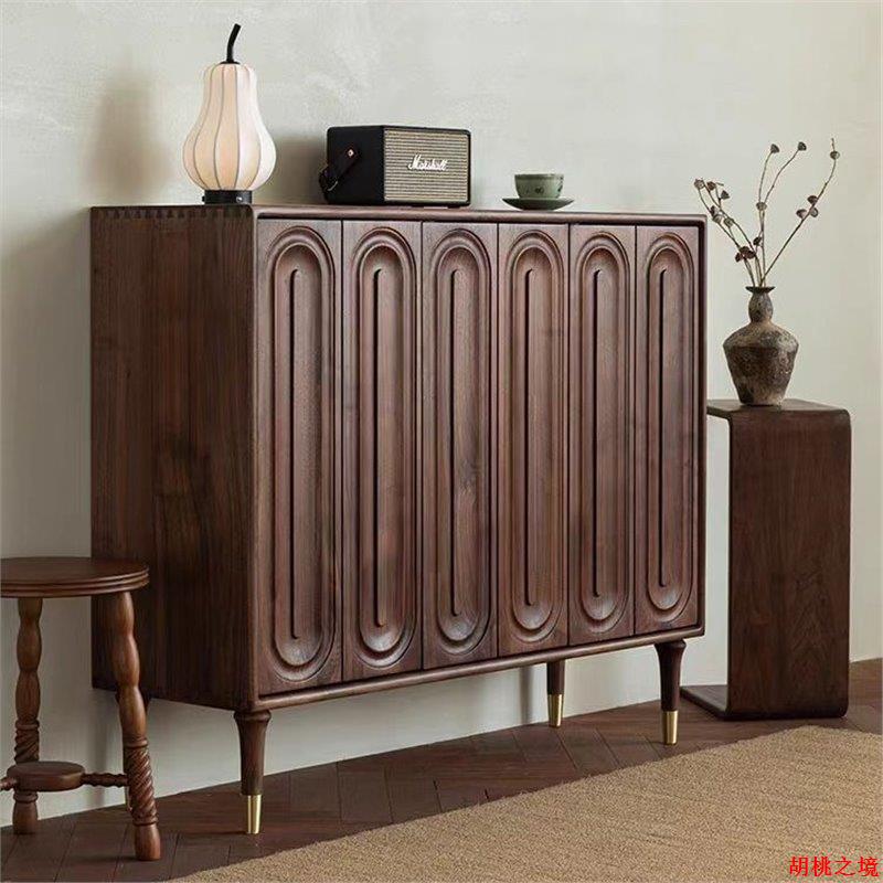 北美黑胡桃木鞋柜现代简约家用大容量收纳储物柜樱桃木客厅玄关柜