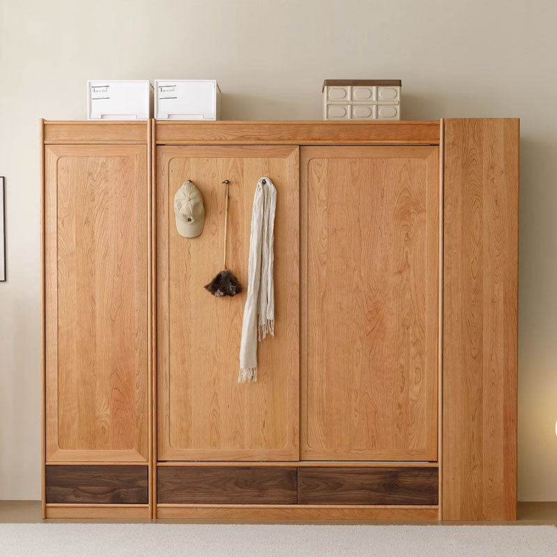 北欧实木推拉移门衣柜樱桃木卧室组合衣橱简约收纳橡木储物柜
