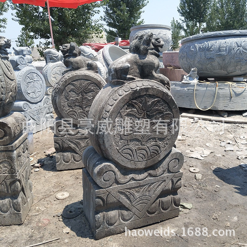 直销仿古门墩大理石青石做旧石鼓狮子抱鼓石一对石雕抱鼓摆