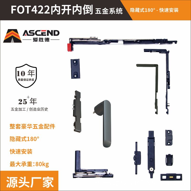 隐藏款内开内倒断桥铝窗五金系统180度开启改窗背部锁多点锁配置