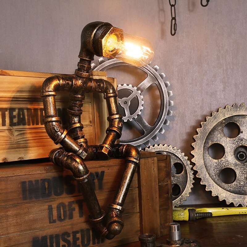 复古工业风loft创意朋克生日咖啡水管机器人台灯摆件仿古美式