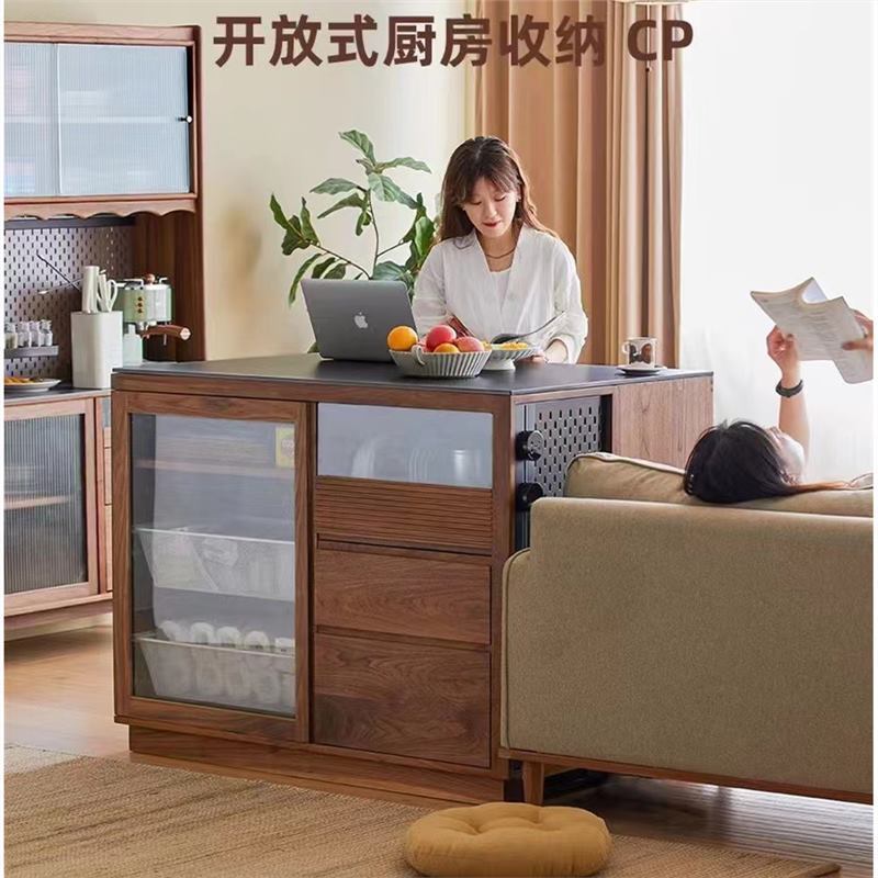 日式黑胡桃木岛台吧台料理台黑胡桃岩板厨房客厅收纳餐边柜中岛