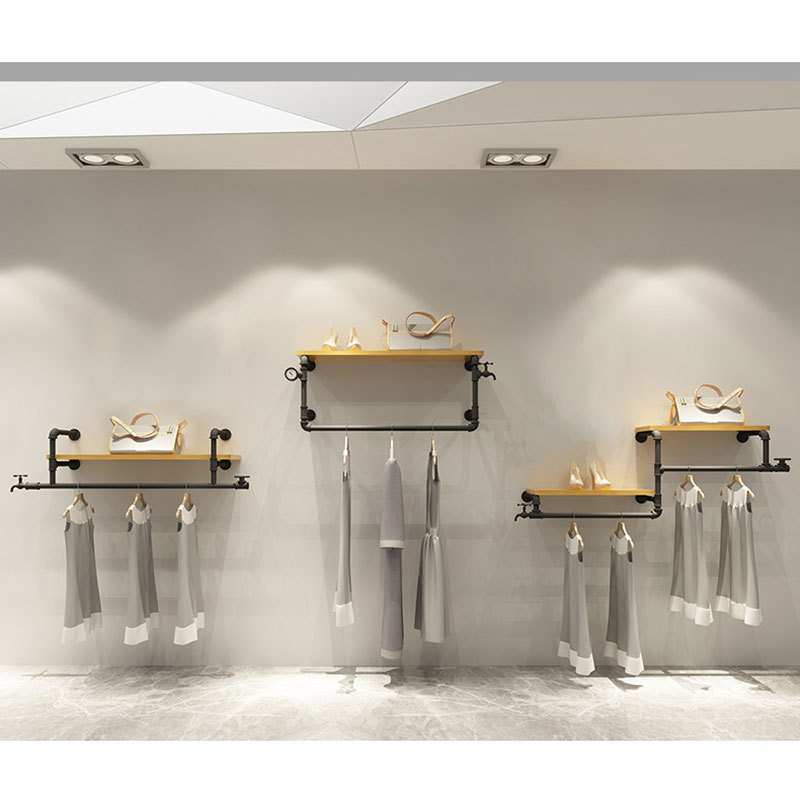 服装店展示架上墙复古壁挂清仓墙上挂衣架层架水管工业风架子