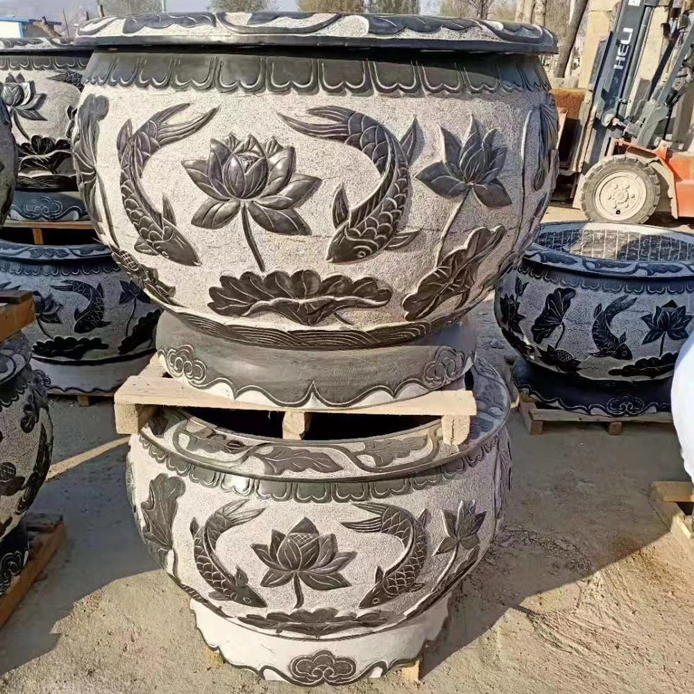 庭院仿古青石雕荷花鱼缸