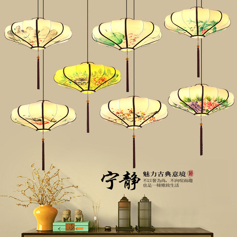 中式飞碟布艺吊灯开业酒店手绘国画古典灯具中国风仿古手绘红灯笼