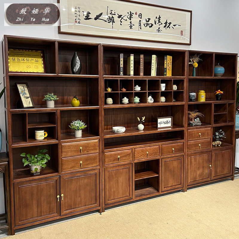 客厅置物架摆件收纳柜茶室家具新中式博古架实木书柜梨花木展示柜