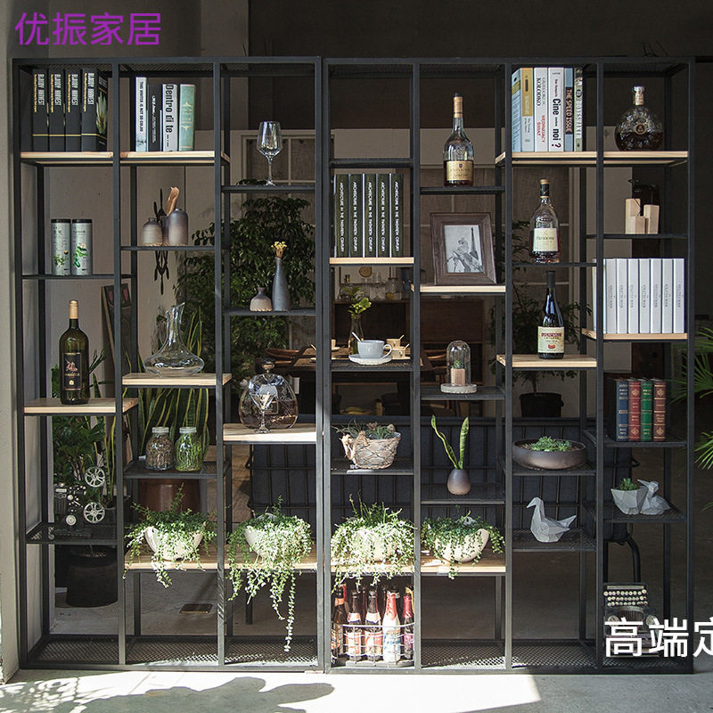美式铁艺落地置物架酒店工作室复古多层书架展示架家用隔断收纳架