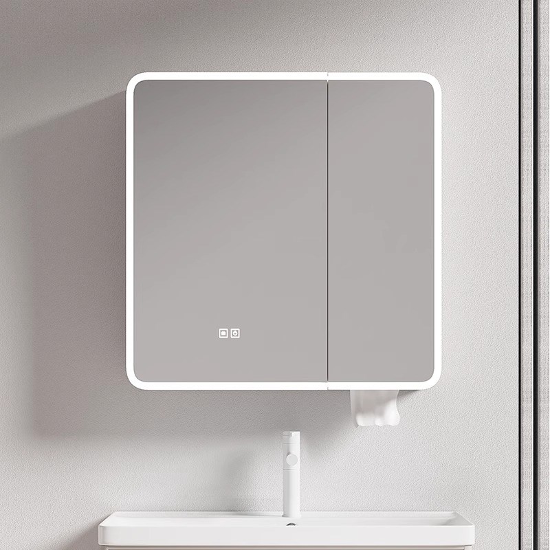 太空铝圆弧形浴室镜柜智能u灯光储物柜卫生间挂墙式带梳妆镜抽纸