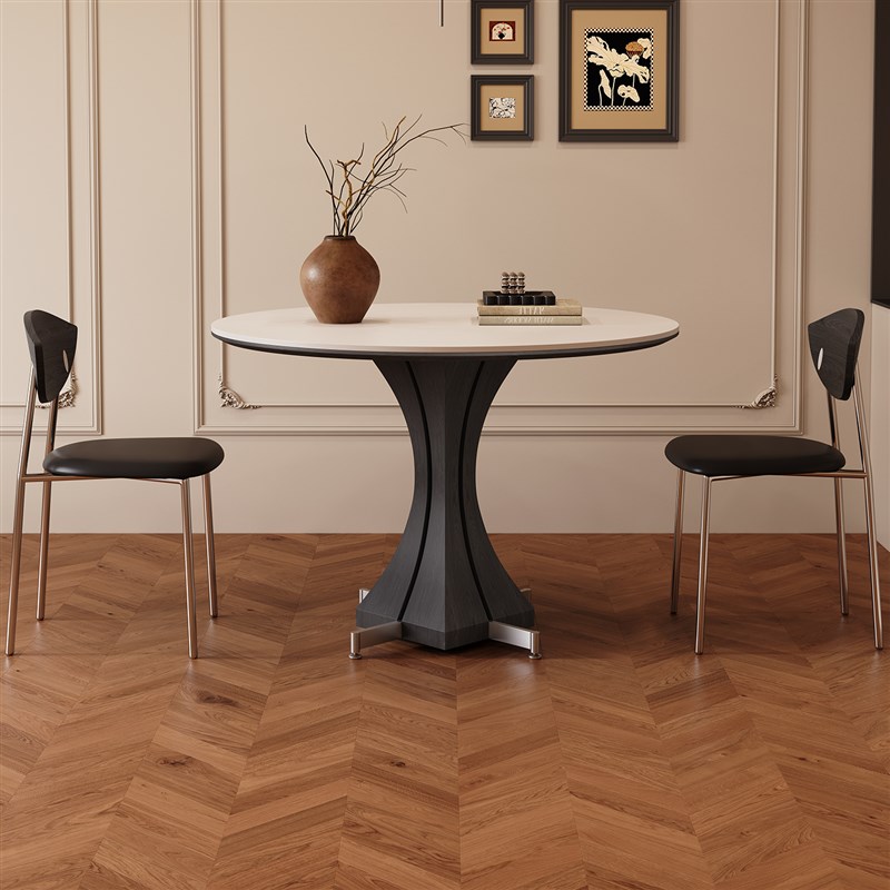 圆形实木餐桌家用小m户型轻奢现代简约高级感法式覆古白色岩板餐