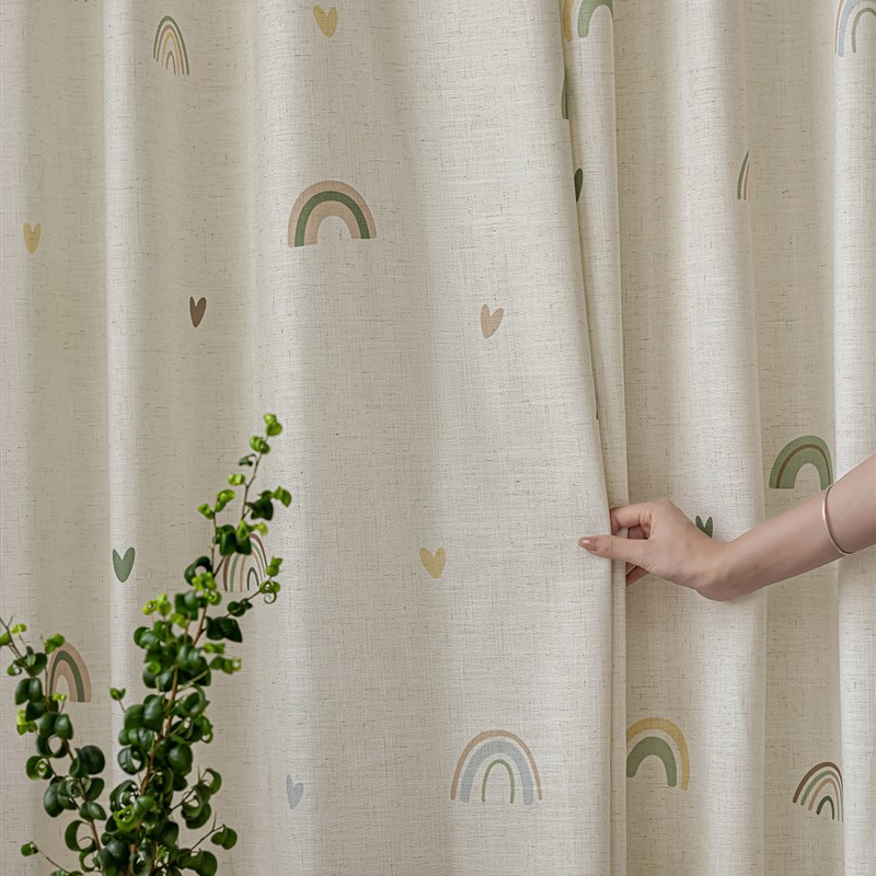 法欧雅韩式田园亚麻m奇趣彩虹半遮光不透人窗帘儿童房卡通ins风