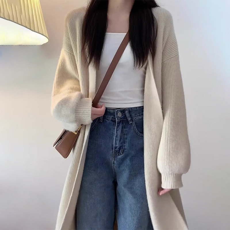 速发杏色毛衣外套装初春款新慵懒风中长奶针织开衫款系穿搭上衣