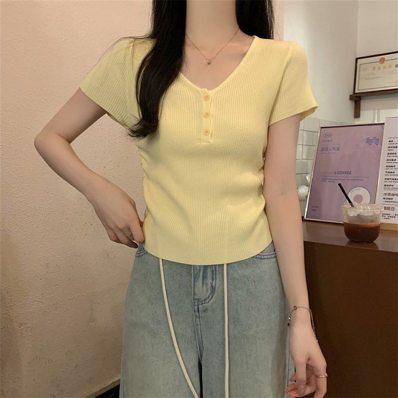 速发简约韩领v系褶皱纽色设计感百搭纯扣针织衫装春季新款上衣