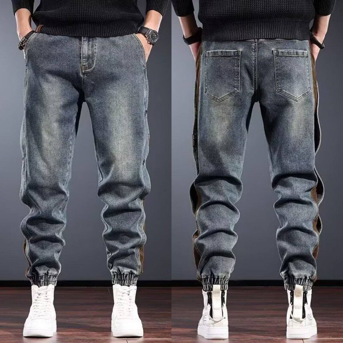 美式复古拼接弹力牛仔裤男士秋冬款修身痞帅束脚哈伦休闲长裤子男